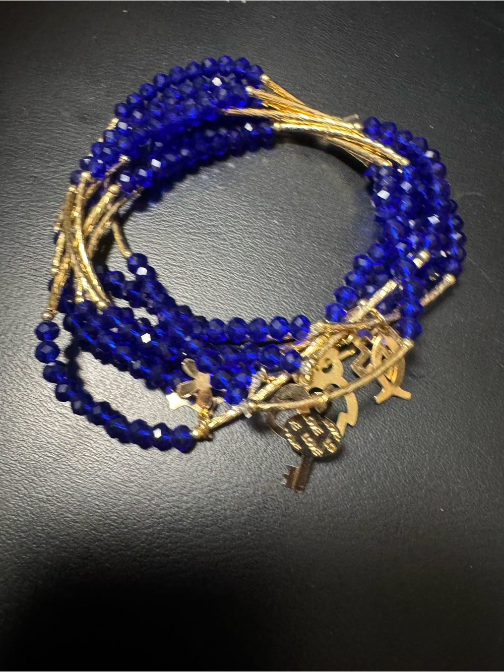 Mexican handmade semanario Multi-Strand Blue Bead & Gold plated Charm Bracelet